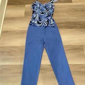 Lilly Pulitzer Blue Leaf Print Top and Loft blue Tue Riviera Pants